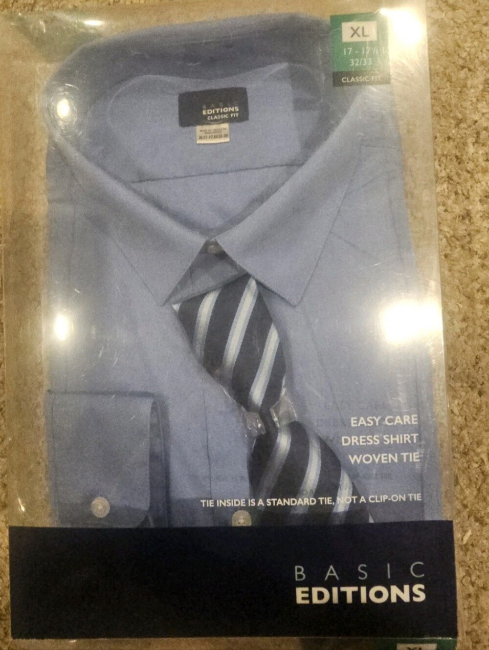 Basic Editions Men's Blue Easy-Care Dress Shirt with Woven Tie